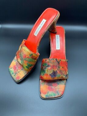 Ann Marino Orange-Red Floral Square Toe Slide Heels